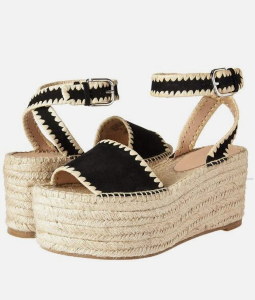 Pour La Victoire PLV Ria Espadrille Platform Wedge Sandal Black Leather Jute 9.5